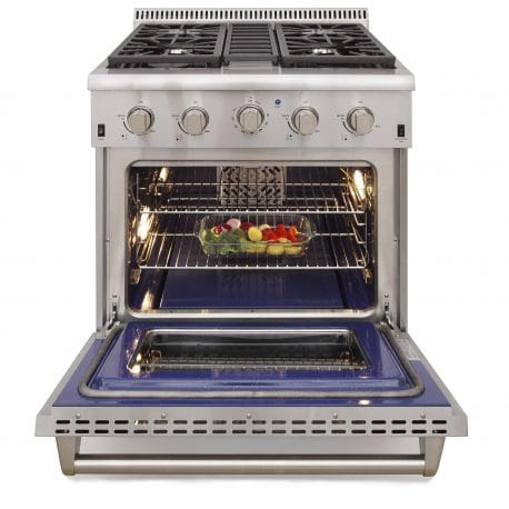 Kucht 30 Inch Single Oven Gas Range in stainless steel. Oven open with a platter of vegetables inside.