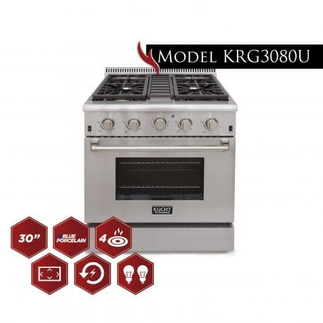 Kucht 30 Inch Single Oven Gas Range in stainless steel with Kucht graphics.