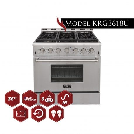Kucht 36 Inch Single Oven Gas Range in stainless steel with Kucht graphics.