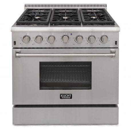 Kucht 36 Inch Single Oven Gas Range in stainless steel. Front view.