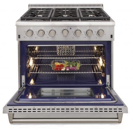 Kucht 36 Inch Single Oven Gas Range in stainless steel. Oven open with a platter of vegetables inside.