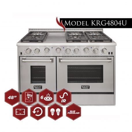 Kucht 48 Inch Double Oven Gas Range in stainless steel with Kucht graphics.