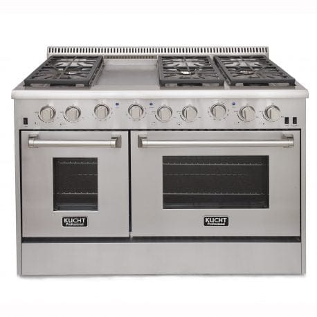 Kucht 48 Inch Double Oven Gas Range in stainless steel. Front view.