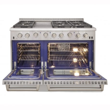 Kucht 48 Inch Double Oven Gas Range in stainless steel. Oven open.