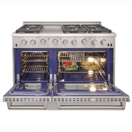 Kucht 48 Inch Double Oven Gas Range in stainless steel. Oven open with a platter of vegetables and bread inside.