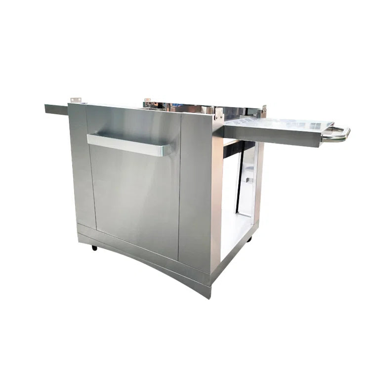 Kucht Napoli Pizza Oven Movable Outdoor Cart in stainless steel. Front view with side shelves up.