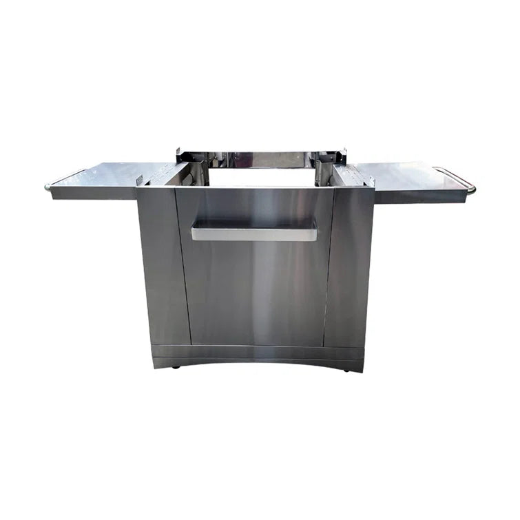 Kucht Napoli Pizza Oven Movable Outdoor Cart in stainless steel. Front view with side shelves up.