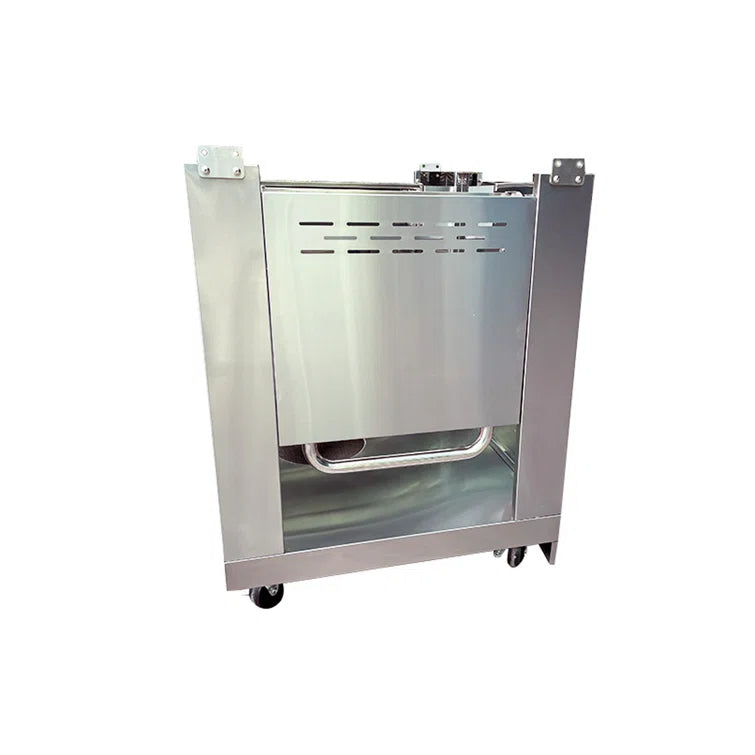 Kucht Napoli Pizza Oven Movable Outdoor Cart in stainless steel. Side view with side shelves down.