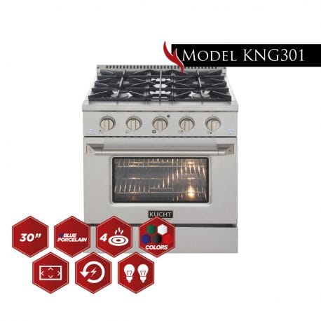 Kucht Pro Color Series 30 Inch Single Oven Gas Range in stainless steel with Kucht graphics.