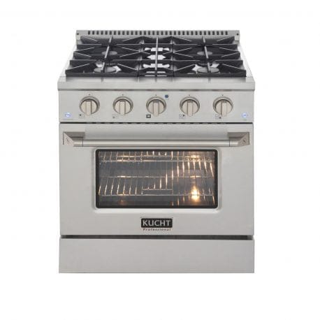 Kucht Pro Color Series 30 Inch Single Oven Gas Range in stainless steel. Front view.