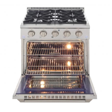 Kucht Pro Color Series 30 Inch Single Oven Gas Range in stainless steel. Oven open.
