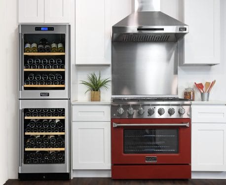 Kucht Pro Color Series 36 Inch Single Oven Gas Range in red color built into kitchen.