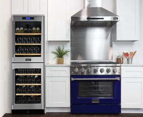 Kucht Pro Color Series 36 Inch Single Oven Gas Range in blue color built into kitchen.