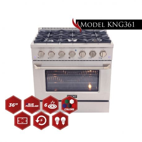 Kucht Pro Color Series 36 Inch Single Oven Gas Range in stainless steel with Kucht graphics.