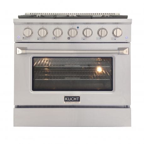Kucht Pro Color Series 36 Inch Single Oven Gas Range in stainless steel. Front view.