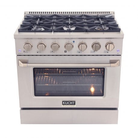 Kucht Pro Color Series 36 Inch Single Oven Gas Range in stainless steel with oven door closed.