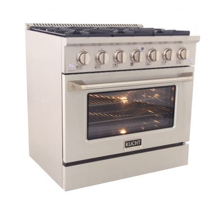 Kucht Pro Color Series 36 Inch Single Oven Gas Range in stainless steel. 
