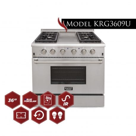 Kucht Pro Color Series 36 Inch Single Oven Gas Range with Griddle in stainless steel with Kucht graphics.