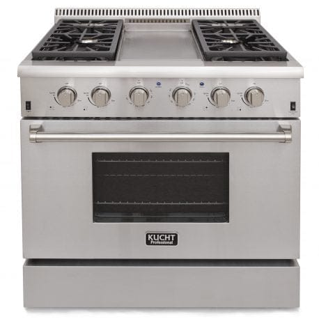 Kucht Pro Color Series 36 Inch Single Oven Gas Range with Griddle in stainless steel. Front view.