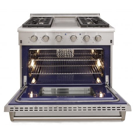 Kucht Pro Color Series 36 Inch Single Oven Gas Range with Griddle in stainless steel. Oven open.