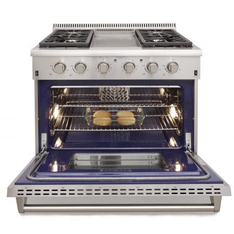 Kucht Pro Color Series 36 Inch Single Oven Gas Range with Griddle in stainless steel. Oven open with a platter of bread inside.