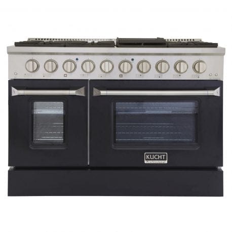 Kucht Pro Color Series 48 Inch Double Oven Gas Range in black color.