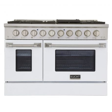 Kucht Pro Color Series 48 Inch Double Oven Gas Range in white color.