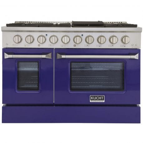 Kucht Pro Color Series 48 Inch Double Oven Gas Range in blue color.