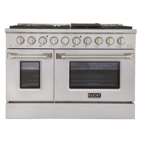 Kucht Pro Color Series 48 Inch Double Oven Gas Range in in stainless steel. Front view.