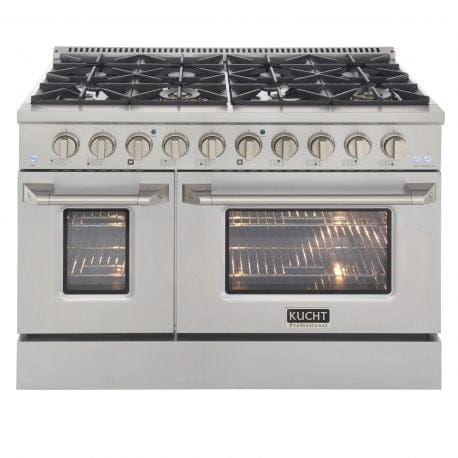 Kucht Pro Color Series 48 Inch Double Oven Gas Range in stainless steel. Front view.