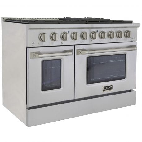 Kucht Pro Color Series 48 Inch Double Oven Gas Range in stainless steel with oven doors closed.