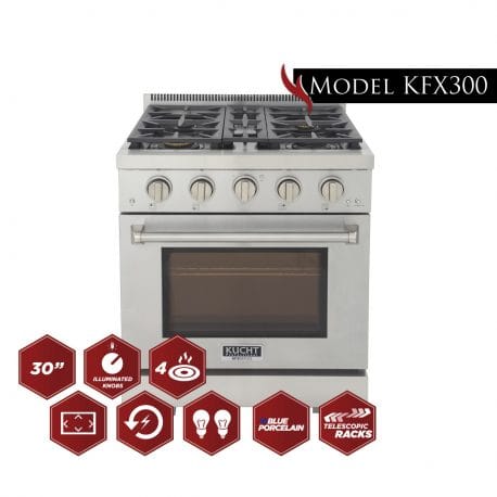 Kucht Professional 30 Inch Single Oven Gas Range in stainless steel with Kucht graphics.