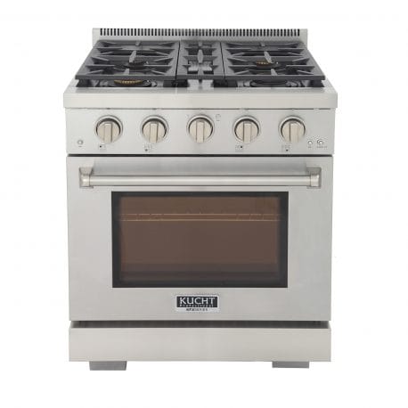 Kucht Professional 30 Inch Single Oven Gas Range in stainless steel. Front view.