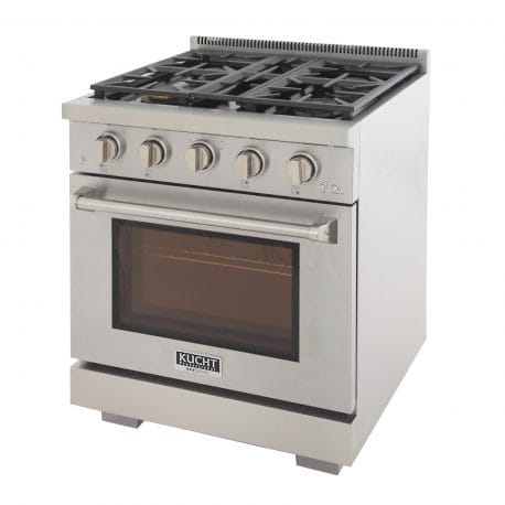 Kucht Professional 30 Inch Single Oven Gas Range in stainless steel. Top left view.