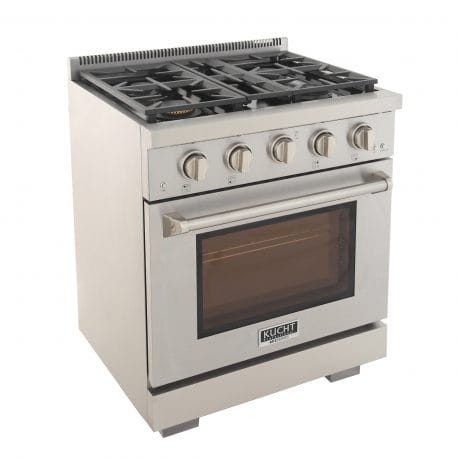 Kucht Professional 30 Inch Single Oven Gas Range in stainless steel. Top right view.