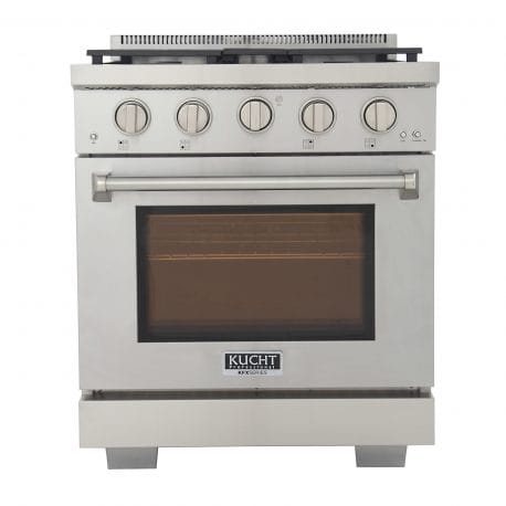 Kucht Professional 30 Inch Single Oven Gas Range in stainless steel. Front view with oven door closed.