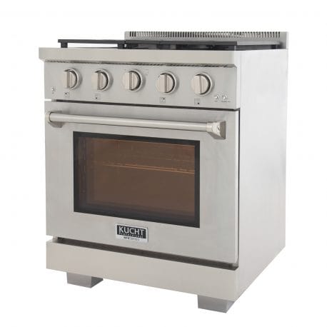 Kucht Professional 30 Inch Single Oven Gas Range in stainless steel. Front left corner view.