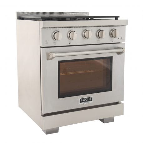 Kucht Professional 30 Inch Single Oven Gas Range in stainless steel. Front right corner view.