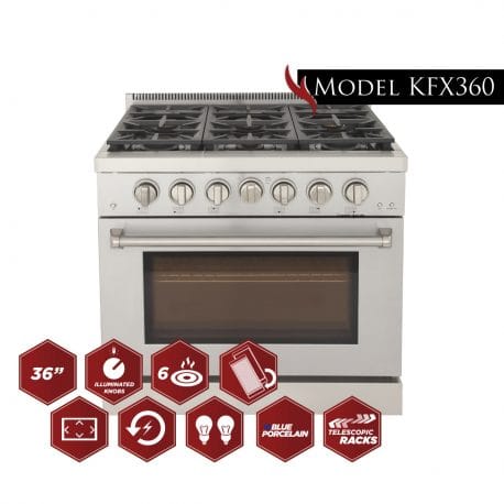 Kucht Professional 36 Inch Single Oven Gas Range in stainless steel with Kucht graphics.