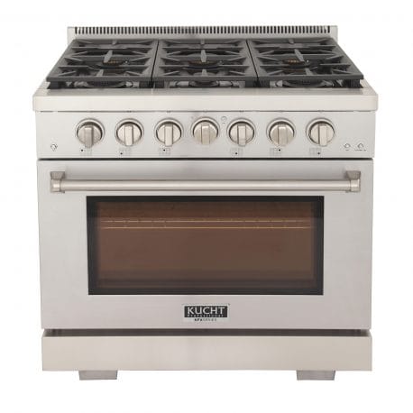 Kucht Professional 36 Inch Single Oven Gas Range in stainless steel. Front view.