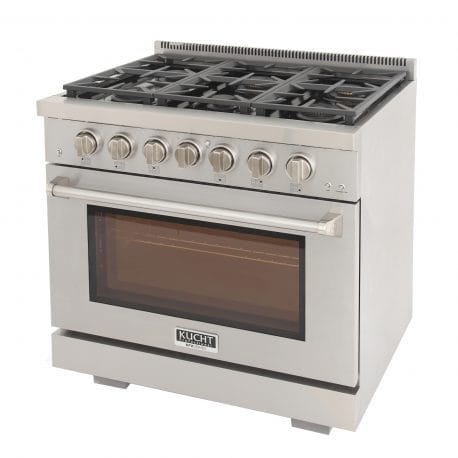Kucht Professional 36 Inch Single Oven Gas Range in stainless steel. Top right view.
