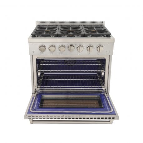 Kucht Professional 36 Inch Single Oven Gas Range in stainless steel. Front view with oven open.