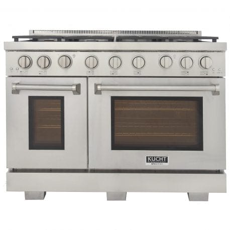Kucht Professional 48 Inch Double Oven Gas Range in stainless steel. Front view.