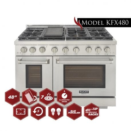 Kucht Professional 48 Inch Double Oven Gas Range in stainless steel with Kucht graphics.