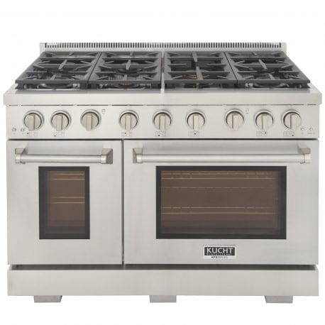 Kucht Professional 48 Inch Double Oven Gas Range in stainless steel with 7 burners. Front view.