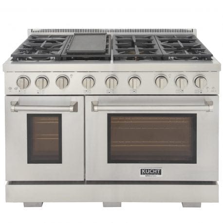 Kucht Professional 48 Inch Double Oven Gas Range in stainless steel with 7 burners and removable professional griddle. Front view.
