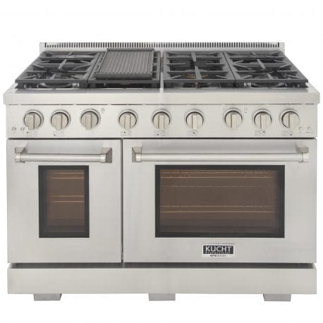 Kucht Professional 48 Inch Double Oven Gas Range in stainless steel with 7 burners and removable professional grill. Front view.