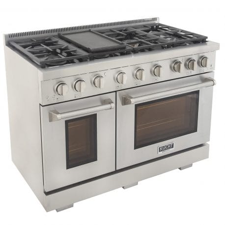 Kucht Professional 48 Inch Double Oven Gas Range in stainless steel with removable professional griddle on. View from above left.