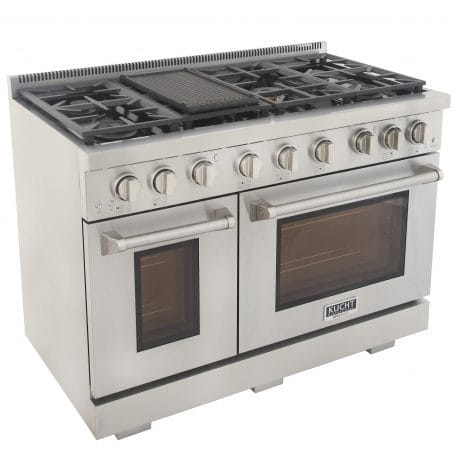 Kucht Professional 48 Inch Double Oven Gas Range in stainless steel with removable professional grill on. View from above left.