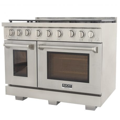 Kucht Professional 48 Inch Double Oven Gas Range in stainless steel. Front right view.